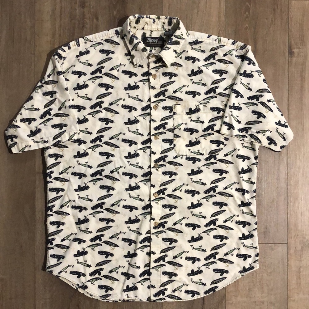 IMPACT 100% Cotton Fly Fishing Print Short Sleeve Button Down